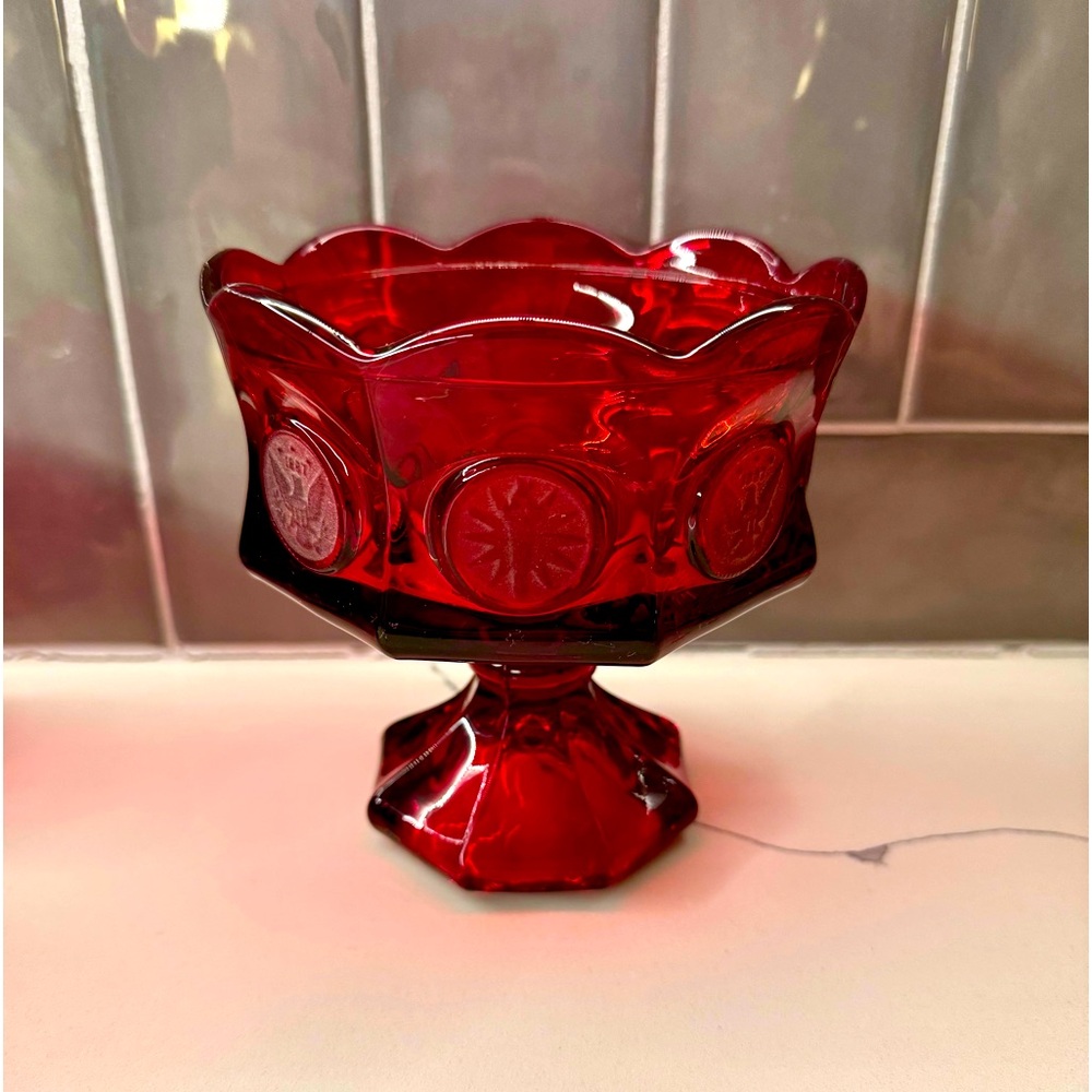 Vintage Fostoria Ruby Red Coin Glass Compote